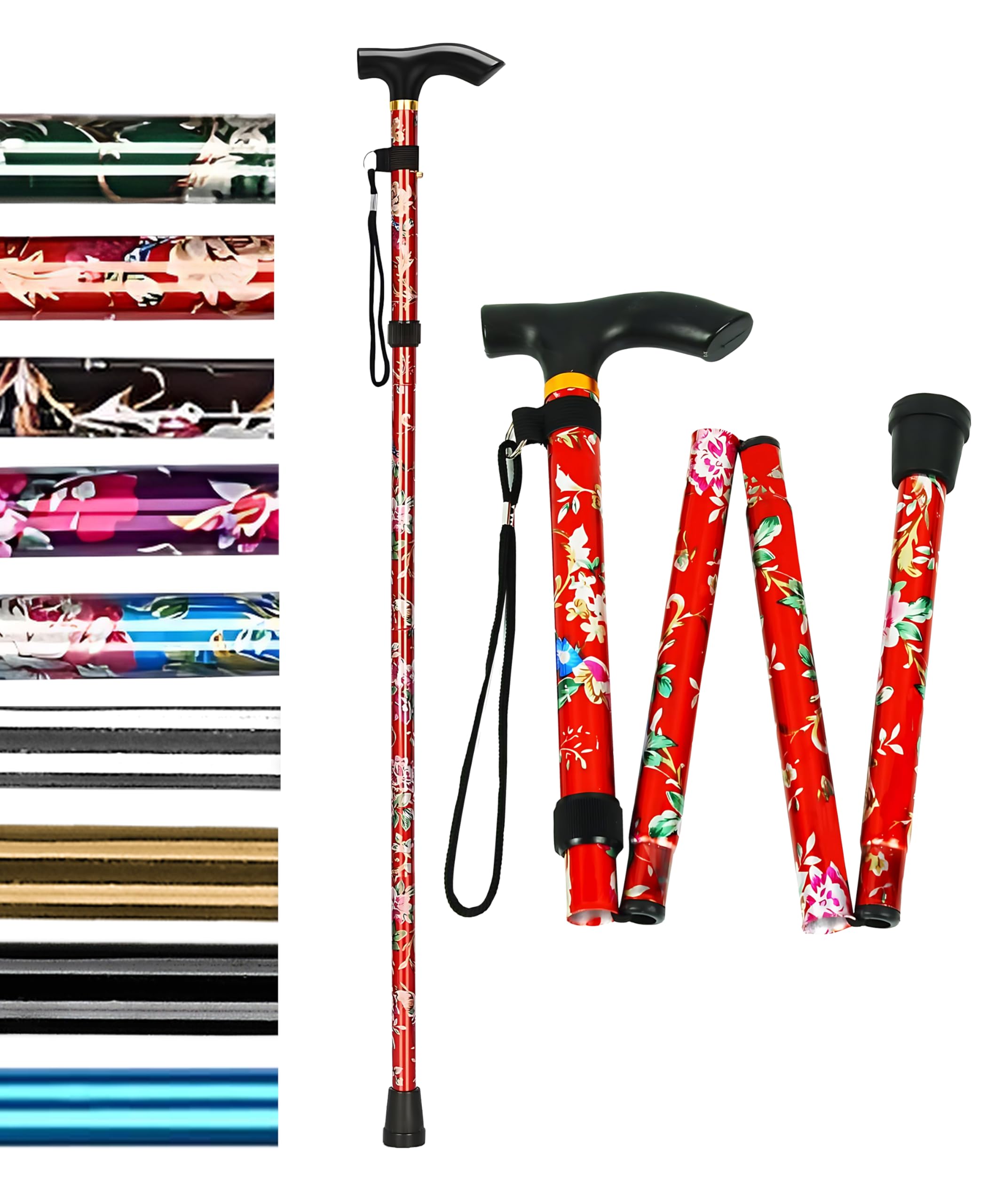 HATAF® Walking Stick, Folding Walking Sticks for Women, Adjustable hight Walking Sticks for Men, Mobility Aids walking stick rubber ends, Folding walking sticks for ladies (Red Flowers)