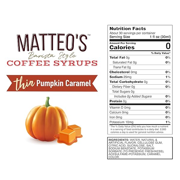 MATTEO’S BARISTA STYLE SUGAR-FREE COFFEE SYRUP, PUMPKIN CARAMEL FLAVOR, ZERO CALORIES AND SUGAR, KETO FRIENDLY, IDEAL FOR LATTES, CAPPUCCINOS, ESPRESSO, AMERICANO, INDULGENT TASTE 33.8 OZ, 1-PACK