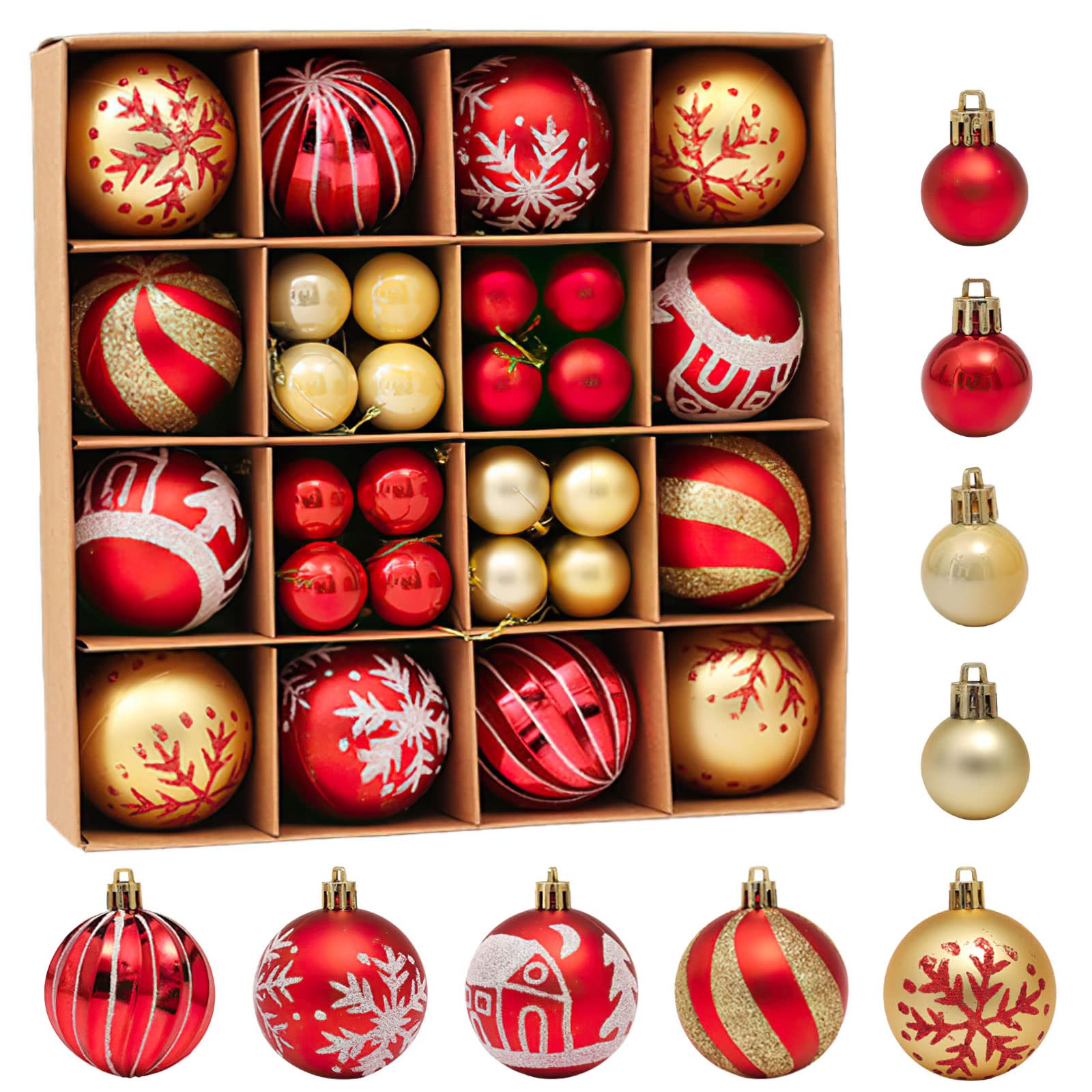 Fouriding 42pcs Christmas Balls Ornaments, Small Baubles, Shatterproof Plastic, Hanging Decorations for Xmas Tree, Holiday, Wedding, Party Decoration (Gold Red)