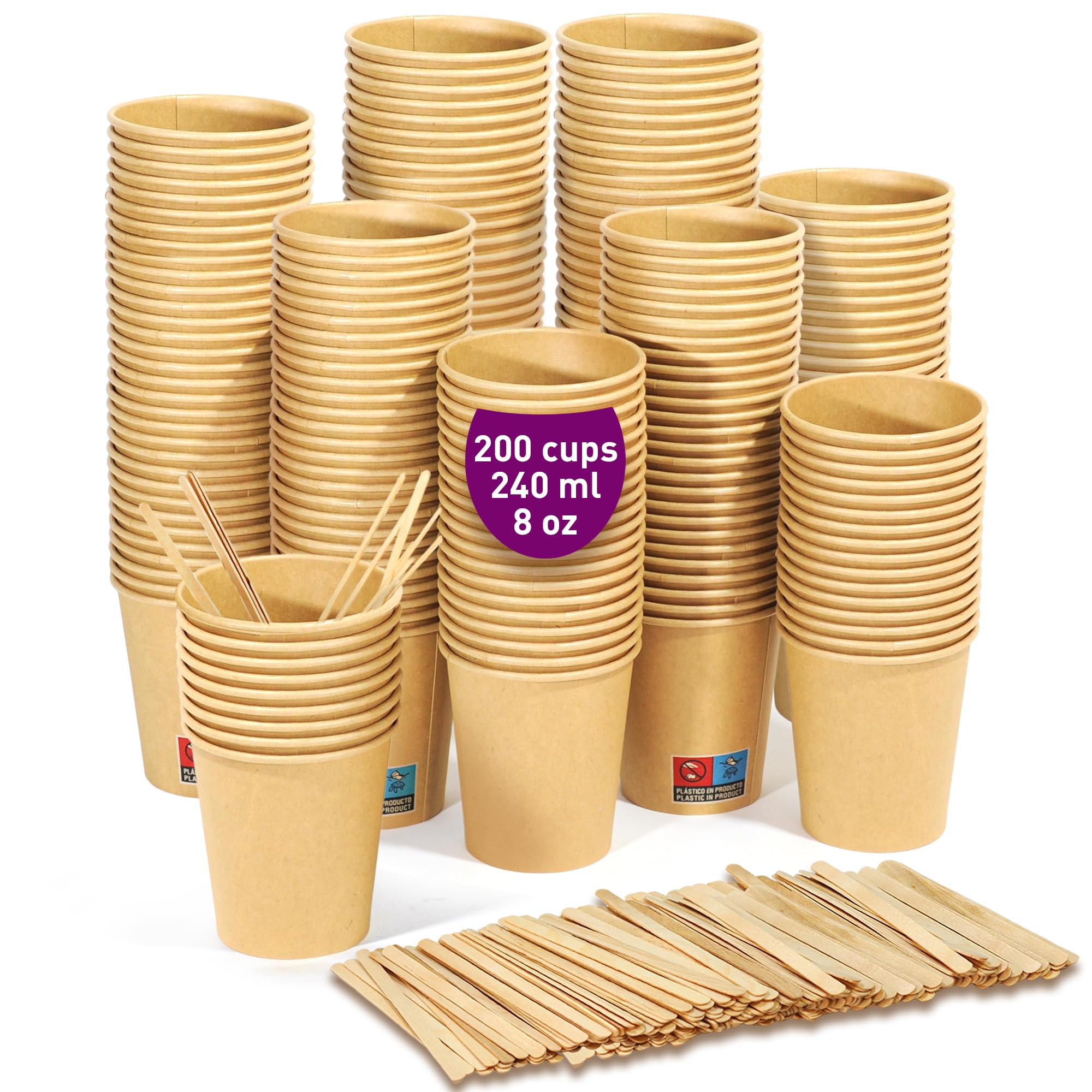 200 Pcs 8oz / 240ml / 8oz Disposable Kraft Coffee Cups with Wooden Paddles for American Coffee, Latte and Soda On The Go