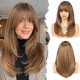 HAIRCUBE Layered Light Brown Medium Long Straight Synthetic Wigs for Women with Bangs Heat Resistant Natural Look for Daily Use