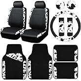 CAR-PASS Cow Print Car Accessories Sets Faux Leather Car Seat Covers & Cow Car Mats & Cow Steering Wheel Cover Seat Belt Pads Universal fit for SUV,Van,Saden,Truck Cute Automobile Interior Sets Women