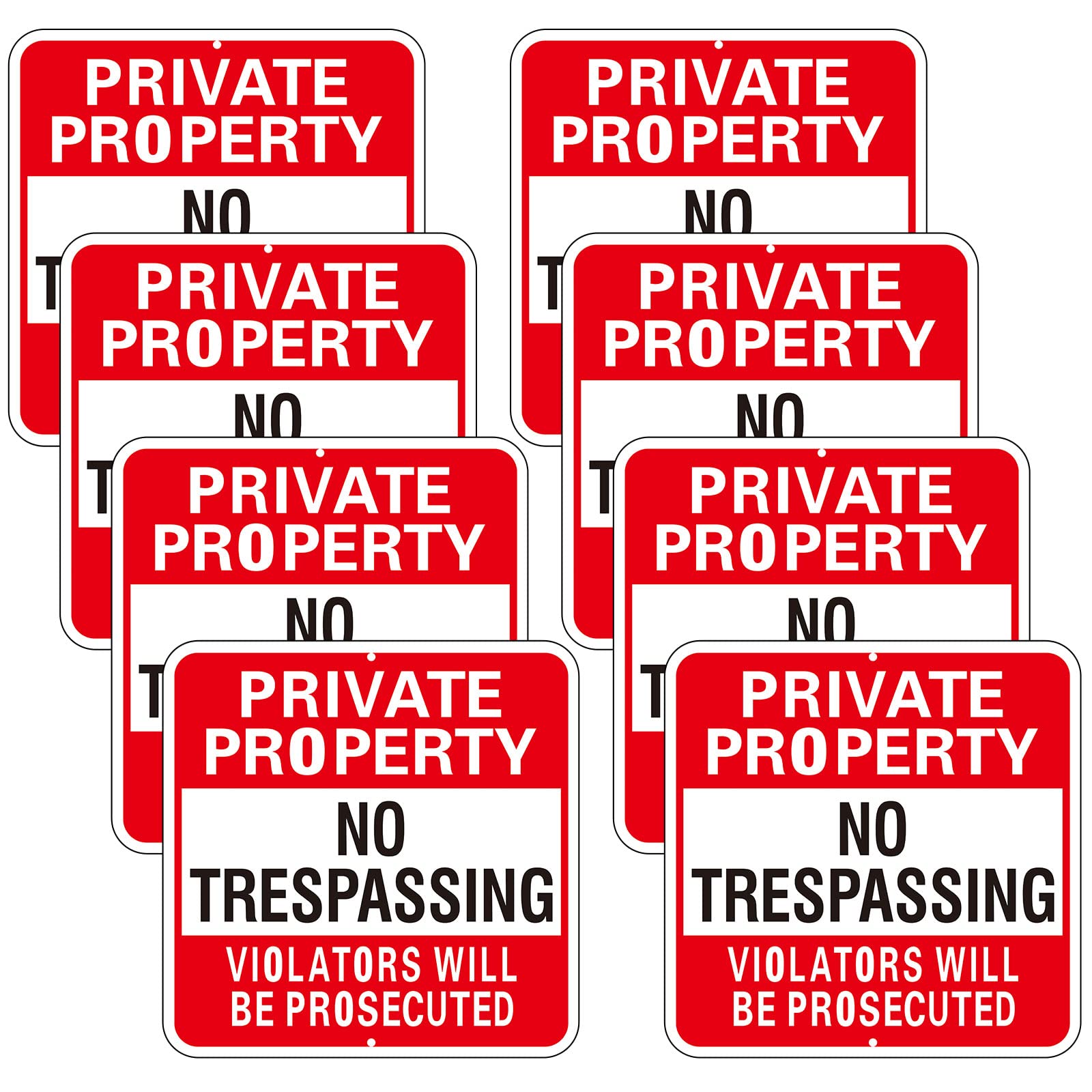 Photo 1 of Amylove 8 Pack Large Red Private Property No Trespassing Sign 12 x 12 Inch Violators Will Be Prosecuted Metal Aluminum Warning Signs for Property, Weather Resistant, Waterproof