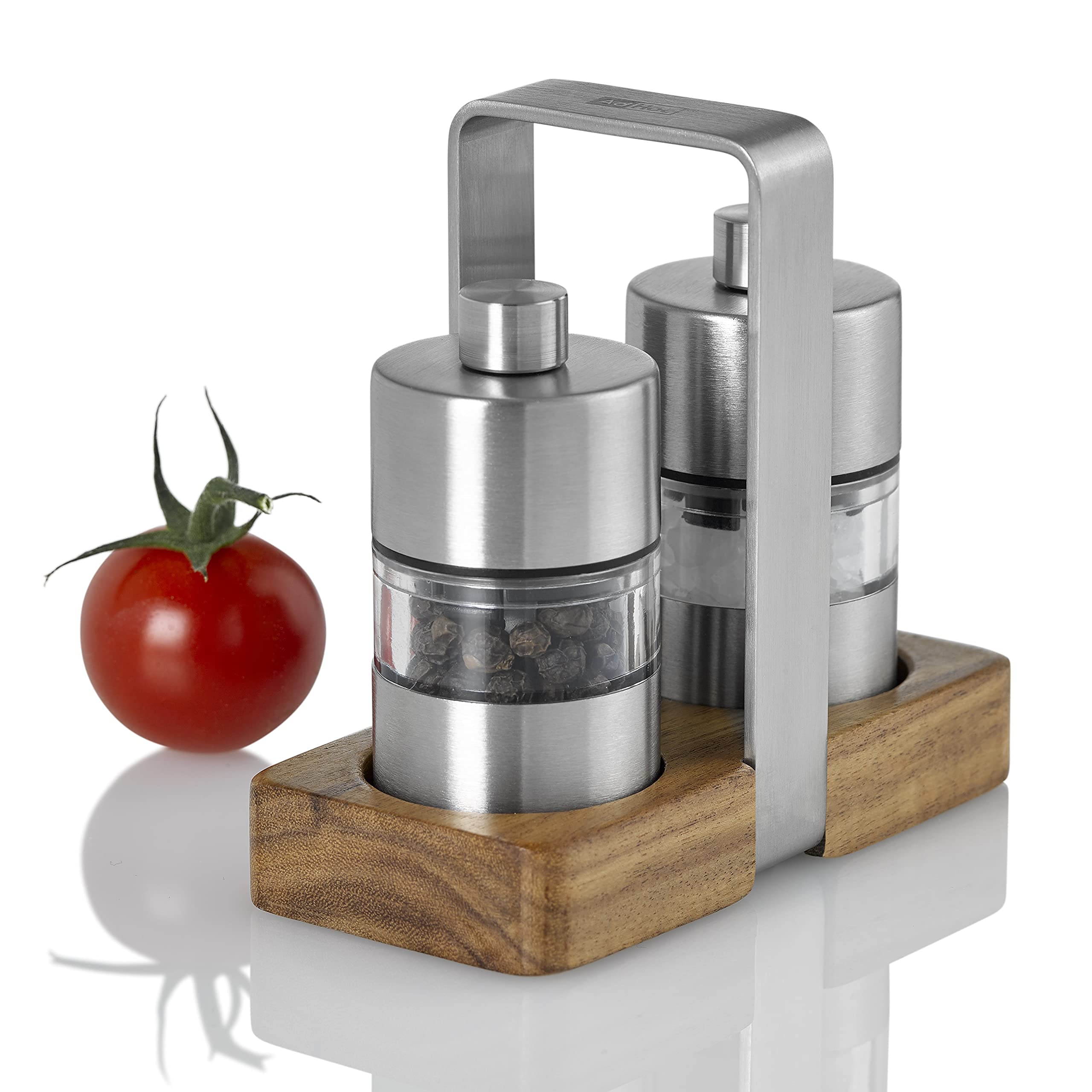 AdHoc Menage Mini Salt and Pepper Mill Set with Mill Tray, Adjustable Coarseness, Ceramic Grinding Mechanism, 6cm, Stainless Steel/Acrylic/Acacia Wood, Ideal for Picnics