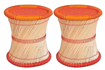 Ananya Creations Cane Wood Sitting Stool / Chair Full Size Red&Orange Set Of 2