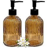 Striped Hand Soap Dispenser, 13.5oz Brown Glass Soap Dispenser with Black Plastic Pump, Elegant Refillable Countertop Hand Liquid Dispenser for Kitchen, Bathroom, Dish Soap, Lotion (2 Pack)