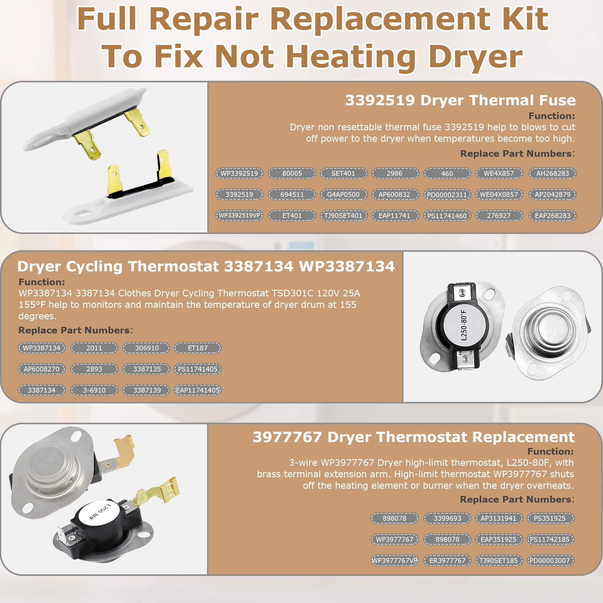 NED4655EW1 Heating Element fit for Amana 279838 W10724237 NED4600YQ1 NED4600YQ0 fit for Whirlpool WED4815EW1 WED4850HW0 WED5300VW0 fit for Kenmore 70 80 110 fit for Maytag 3398064 3403585 prime&swift