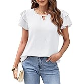 MOLERANI Blouses for Women Dressy Casual Tops Business Work Short Ruffle Sleeve Cute Summer Shirts Trendy Outfits 2025,White,S