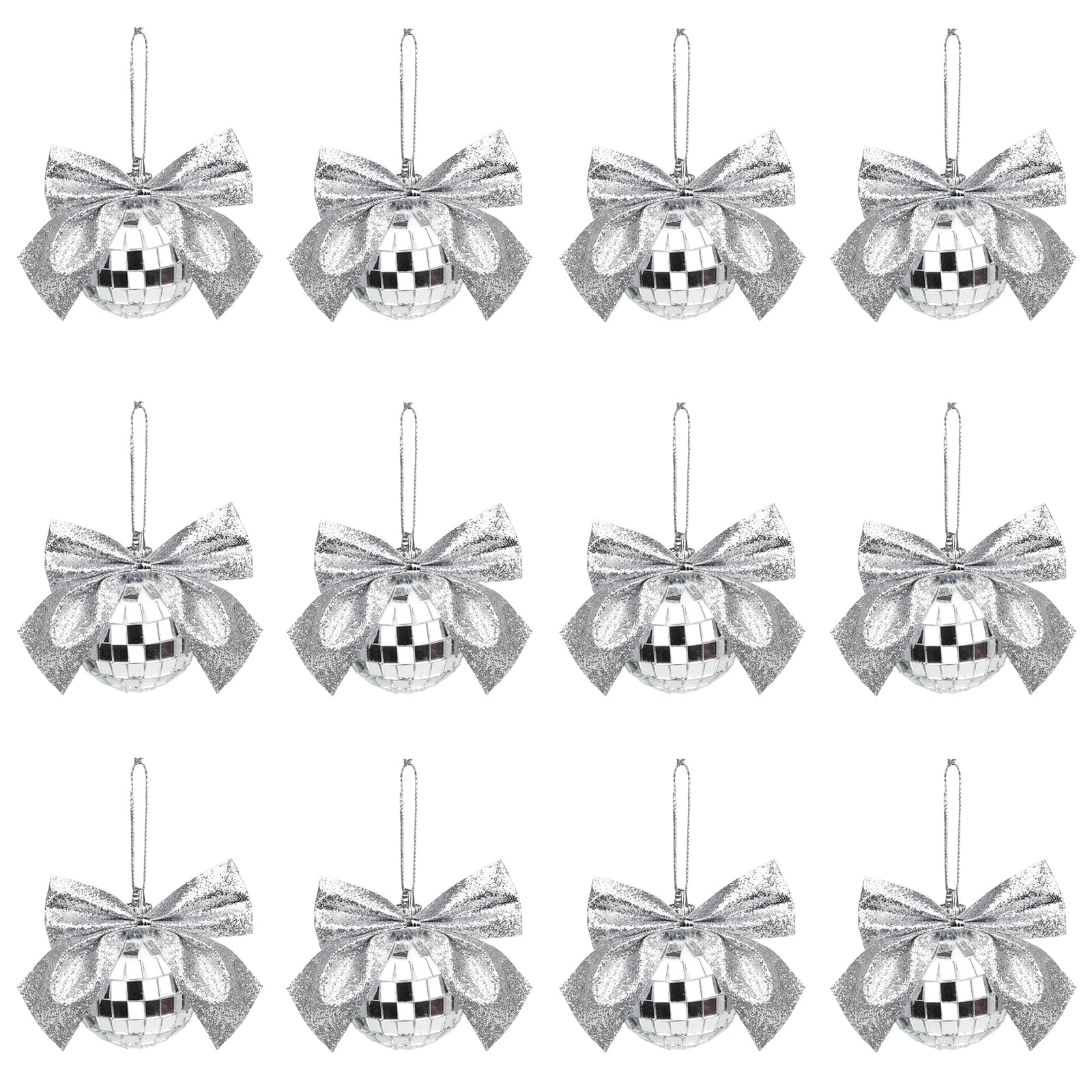 12 Pcs Mirror Disco Balls,Mini Disco Balls with Ribbon Bow for Christmas Tree Decor,Newest Christmas Baubles for XMAS Holidays Party New Year Wedding Decor(Silver)