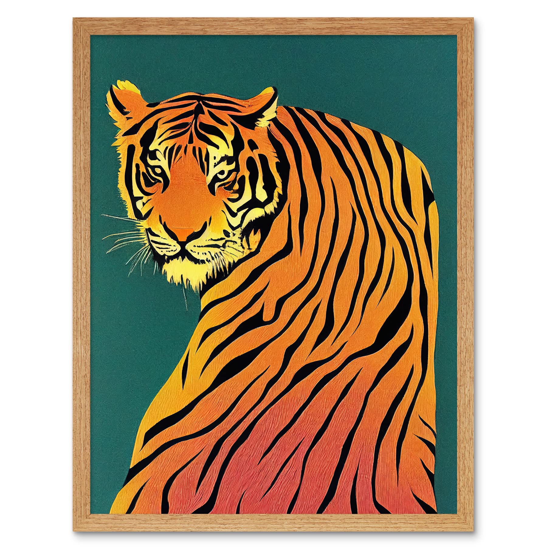 Wee Blue Coo Modern Tiger Portrait on Teal Orange Bold Art Print Framed Poster Wall Decor 12x16 inch