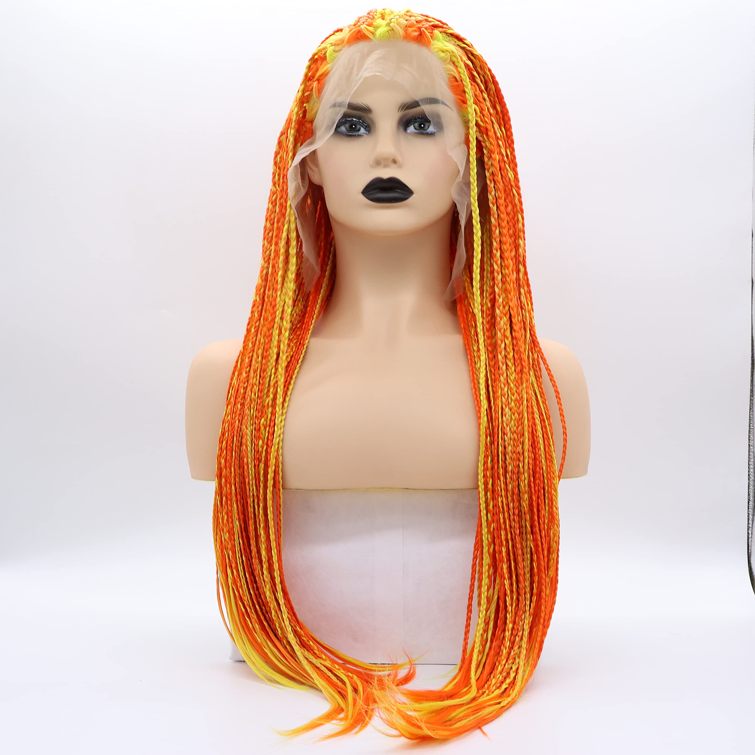 Xiweiya Micro Braided Ombre Orange Fluorescent Yellow Lace Front Wigs for Women Natural Looking Orange Yellow Multi-color Braids Wigs Heat Resistant Fiber Orange Wig 24inch