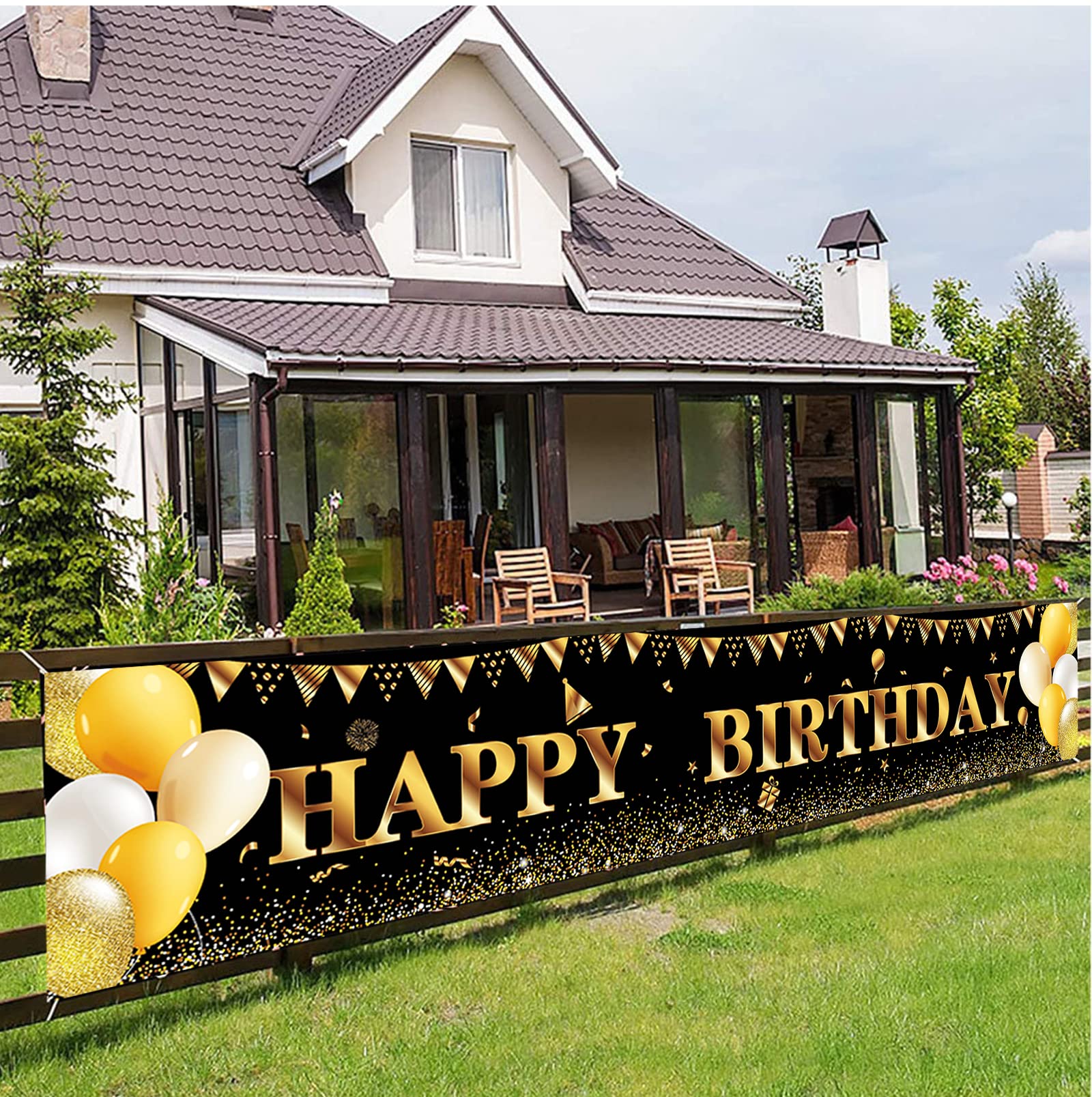 Happy Birthday Banner,Birthday Decoration Black Gold,Party Backdrop Banner Fabric Banner.for Girl Boy Birthday Photo Backdrop,Photography Background,Outdoor Yard Garden Table Wall Decor Party Supplies