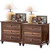 Joaxswe 24" Wide Farmhouse Night Stand Set of 2,Large End Table with 3 Drawers &amp; Metal Handle,Brown Wood Dresser for Bedroom Cabinet, Bed Side Table Chest of Drawers,Nightstand for Living Room,Closet