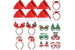 EEOCWF 18 Pcs Christmas Glasses Frame Christmas Headbands Christmas Hats Set, Hair Hoop Eyewear Eyeglasses Christmas Decoration, Santa Hat Christmas Photo Props for Xmas Party Supplies Holiday Favors