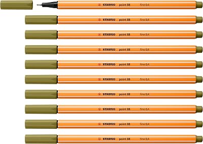 STABILO point 88 Fineliner Pack of 10 Mud Green 0.4 mm Hexagonal