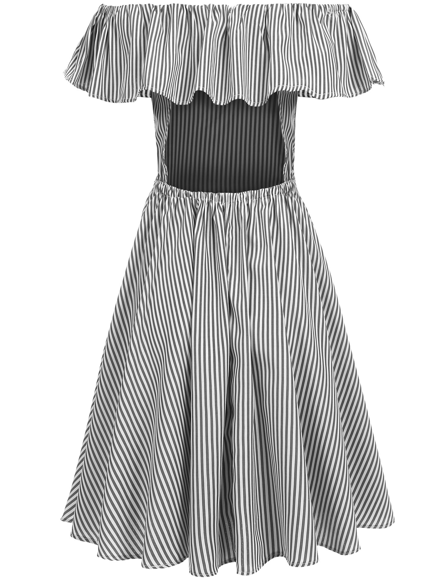 Meaneor Women\'s Casual Backless Off Shoulder Ruffle Striped Pleated Dress