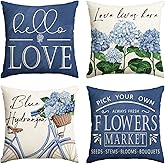 AVOIN colorlife Hello Love Blue Hydrangea Bicycle Throw Pillow Covers, 18 x 18 Inch Flowers Summer Spring Mother's Day Cushion Case for Sofa Couch Set of 4