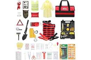 WETBAS Car Roadside Emergency Kit with Jumper Cables, Auto Road Side Safety Kit for Vehicles - with Premium Carry Bag, Repair Tool Set, Folding Shovel, First Aid Kit, for Men, Women, Teenagers