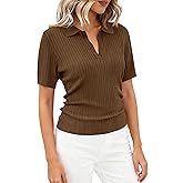 PRETTYGARDEN Women's Short Sleeve Sweater 2026 Spring Polo Shirts Ribbed Knit V Neck Business Casual Tops Summer Work Clothes