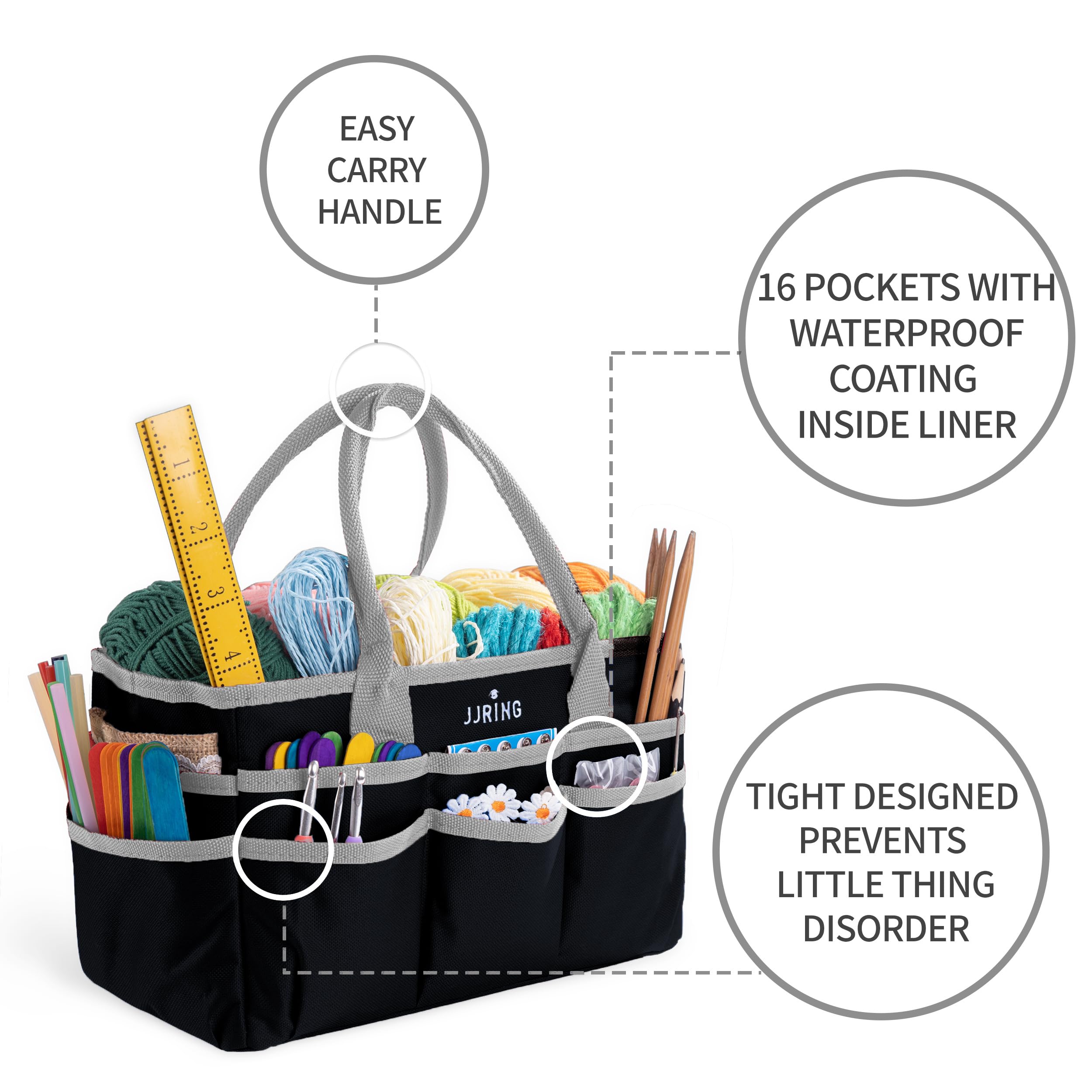 Jjring Craft and Art Organizer Tote Bag - 600D Silver Nylon Fabric Art Caddy with Pockets - for Art, Craft, Sewing, Medical, and Office Supplies Storage