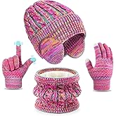 Jansun Kids Winter Hat Gloves Scarf Set, Toddler Children Hats Beanie with Earflaps Knit Neck Warmer Gaiter Mittens Fleece Lined Set for Boys Girls 4-12