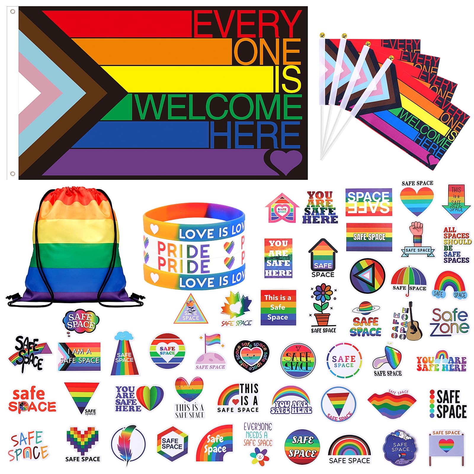 Homgaty 60 PCS Gay Pride Decorations, Pride Accessories 5ft x 3ft LGBTQ+ Pride Buntings, Rainbow Hand Flag, Pride stickers, Pride Bracelet, Rainbow Backpack, Lesbian for Pride Month Parade