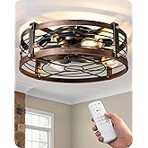 EDISHINE 21" Pre-Assembled Ceiling Fans with Lights Flush Mount, 10%-100% Dimmable, Rustic Low Profile Caged Ceiling Fan with