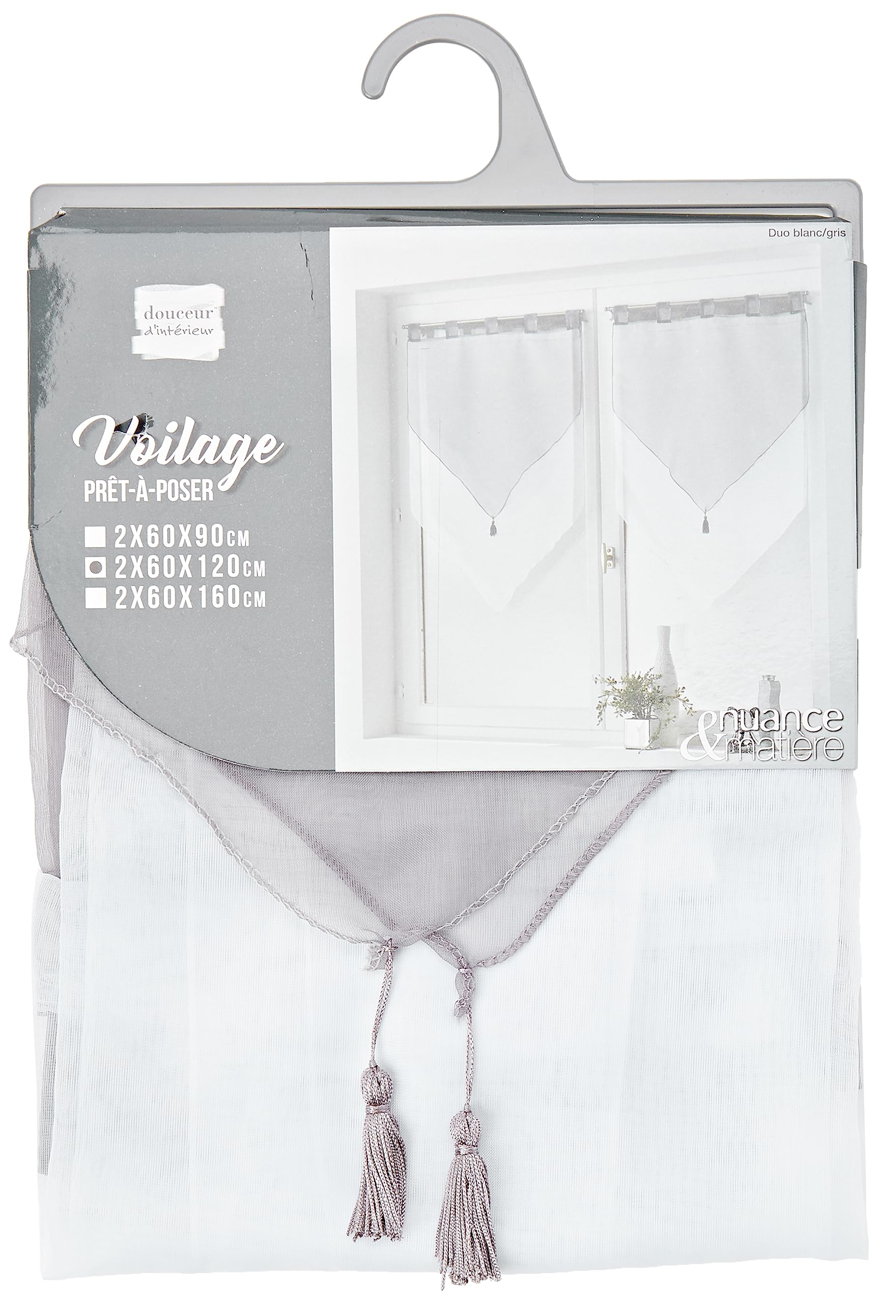 Douceur d'Interieur Voile Bicolour 2-Net Curtain Pompon, Blanc/Gris