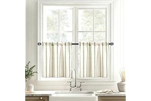 JIUZHEN Striped Linen Kitchen Curtains 2 Panels - Short Tier Drapes with Rod Pocket, Farmhouse Cafe Curtains for Small Window