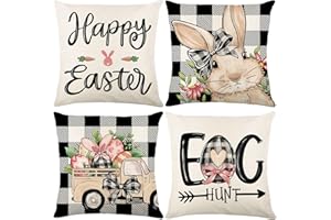 CRCZK Happy Easter Pillow Covers 18x18 Inch Set of 4, Rabbit Bunny Eggs Carrots Farmhouse Decorative Throw Pillow Cases for Home Sofa Couch Decor