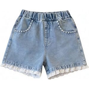 Girls' Lace & Pearl Denim Shorts Elastic Waist Light Wash Jean Shorts with Ruffled Hem, Casual Summer Pants