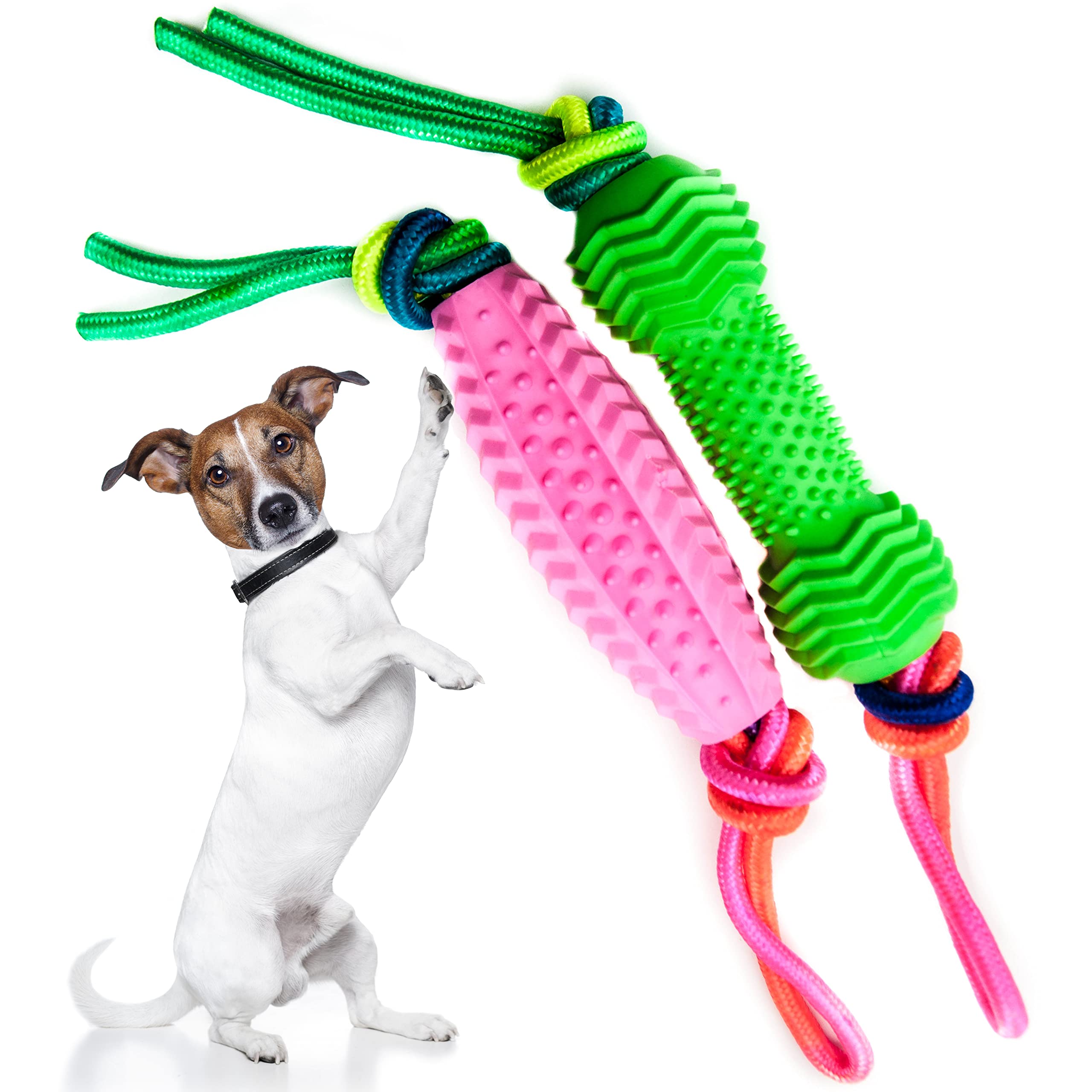 Petopedia 2x Dog Chew Toy with Rope – Puppy Toys from 8 weeks, Small and Medium Dogs – Flexible Bone & Corn – Interactive, Boredom, Dental, Teething, Chewing, Training (Pink & Green)