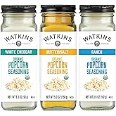 Watkins Popcorn Seasoning Multi-Flavor Variety Pack, 3-Pack (1 White Cheddar 3.3 oz., 1 Butter/Salt 5.3 oz., 1 Ranch 3.6 oz.)