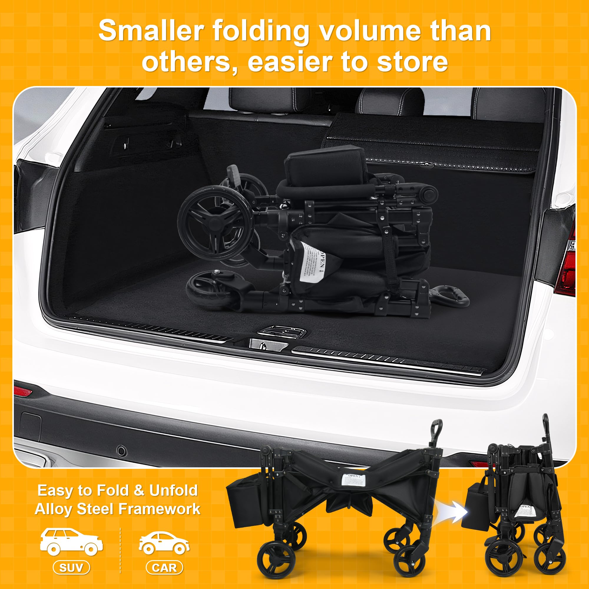 VOOI Stroller Wagon, 2 Seater Kids Wagon, Collapsible with 5-Point Harnesses, Zipper Door, Sun Canopy