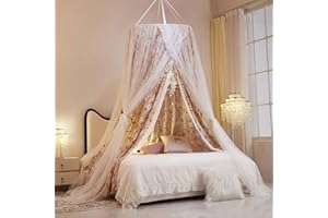 VETHIN Double Layer Princess Round Dome Canopy Bed Curtain for Girls Adults,Children Dreamy Mosquito Net,Cute Bedroom Decoration Castle Play Tent Reading Nook Canopies (Flowers/White)