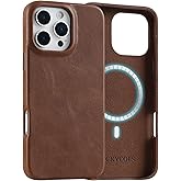 LUCKYCOIN Genuine Leather Phone Case for iPhone 16 Pro Max, Compatible with Magsafe,100% Leather Magnetic Phone Case with Metal Buttons, Slim Fit Slip Shockproof Protective Dark Brown