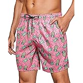 Gleeease Mens Swim Trunks Men's Swimwear 7 inch with Mesh Liner Pockets Drawstring Quick Dry Stretch Lined Funny Beach Swimming Pink Pineapple Large