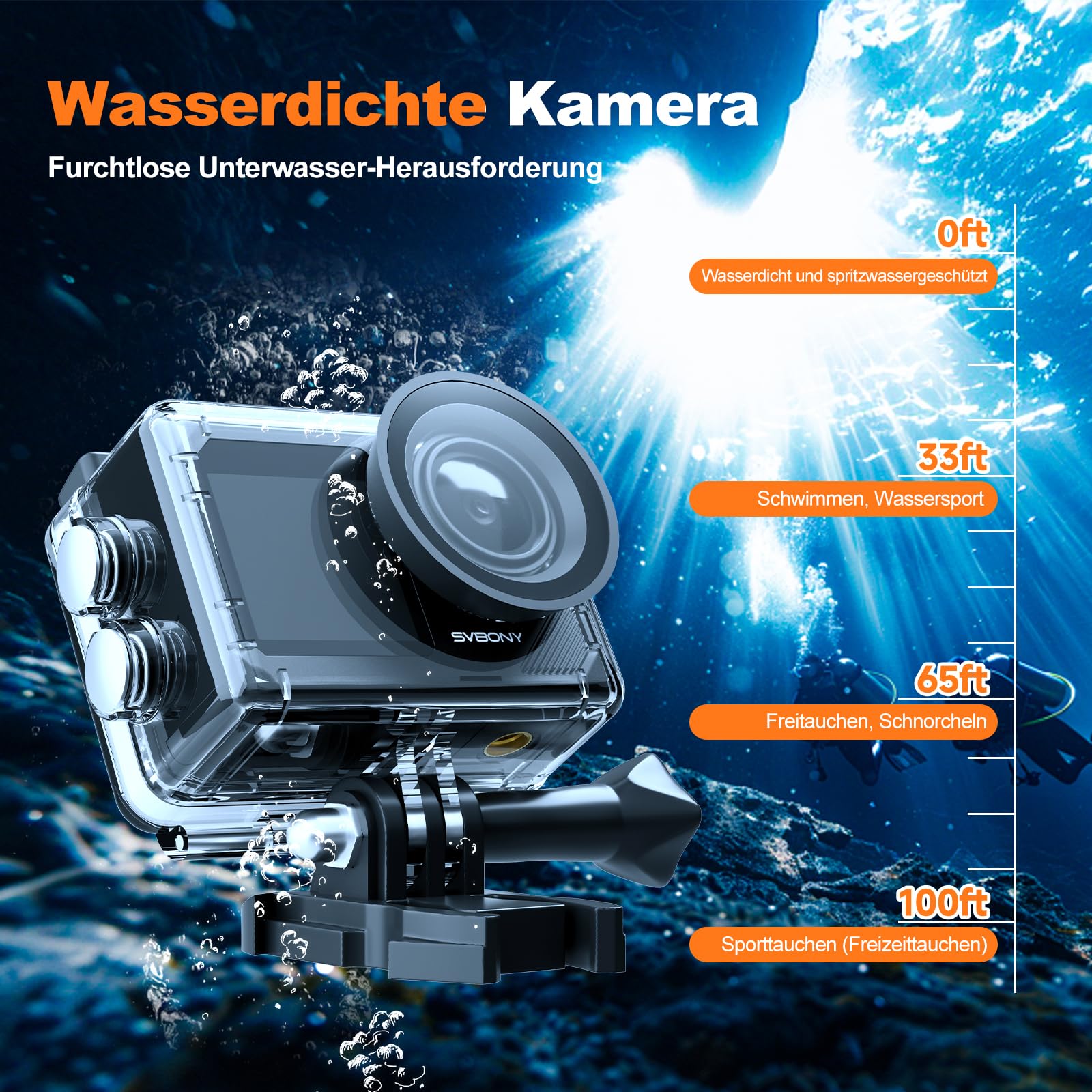 SVBONY SVGo2 4K Unterwasserkamera, Action-Kamera mit Externem Mikrofon, EIS, Wasserdicht bis 30m, Touchscreen, Dual-Screen, 2x1350mAh Akkus, 140° Weitwinkel, WLAN, Zubehörset zum Schnorcheln、Skifahren 3