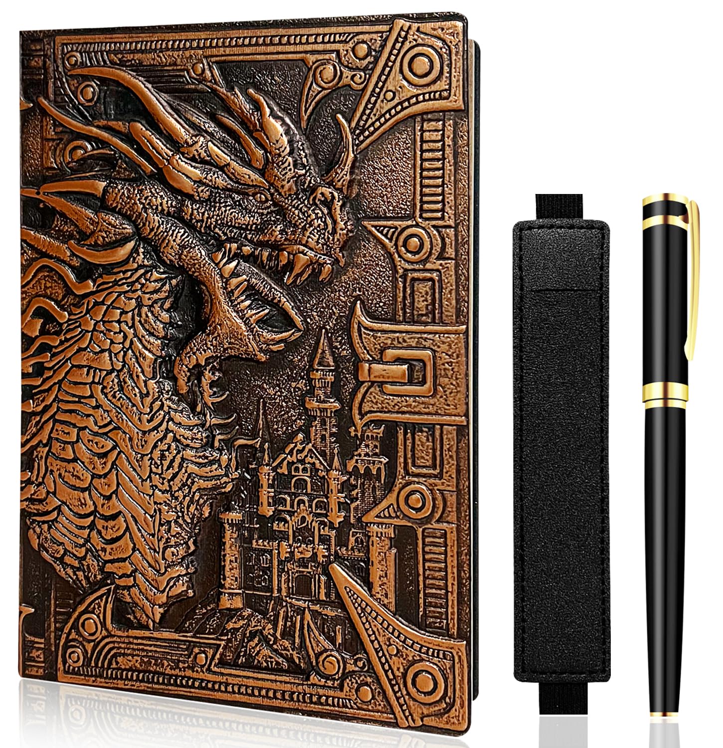 LISGO Vintage Dragon Embossed Leather Notebook DND Notebook Travel Journal with Ballpoint Pen and Pen Sleeve Antique Handmade A5 Journal, Notebook Gift for Men Women, Copper