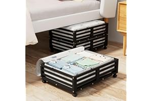 WISUCART Bamboo Under Bed Storage Containers- Underbed Organizer with Wheels with Large Capacity Dust Bag,Sturdy Wood Rolling