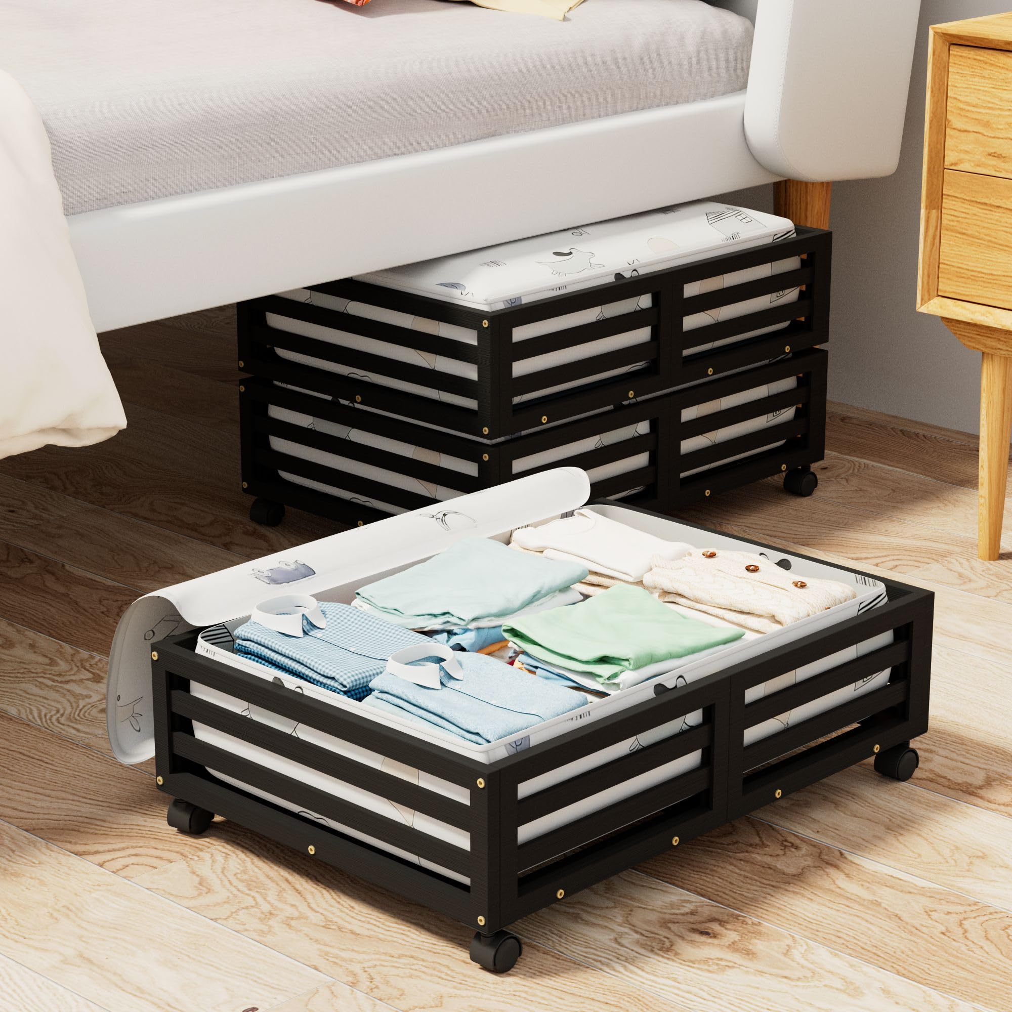 Photo 1 of WISUCART Bamboo Under Bed Storage Containers- Underbed Organizer with Wheels with Large Capacity Dust Bag,Sturdy Wood Rolling Under Bed Shoe Storage Organizer 2 Packs (Black, 2 Packs (23.62"×16.54"))