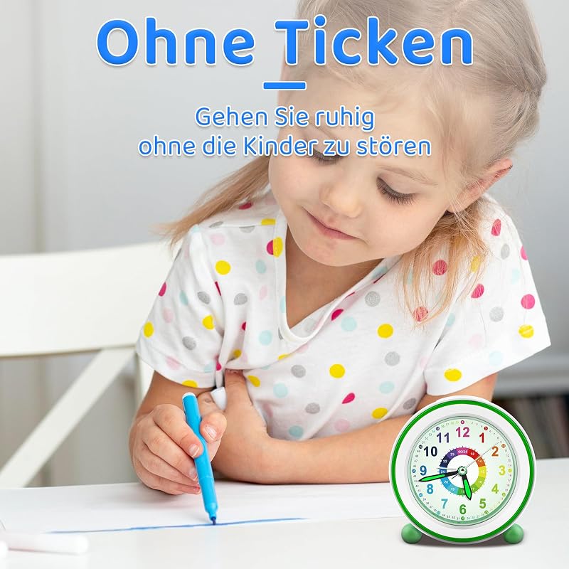 Kinderwecker ohne Ticken mit Schlummerfunktion und Nachtlicht, batteriebetriebener Lernwecker für Jungen und Mädchen, analoger Quarz-Wecker für Kinder (Grün)
