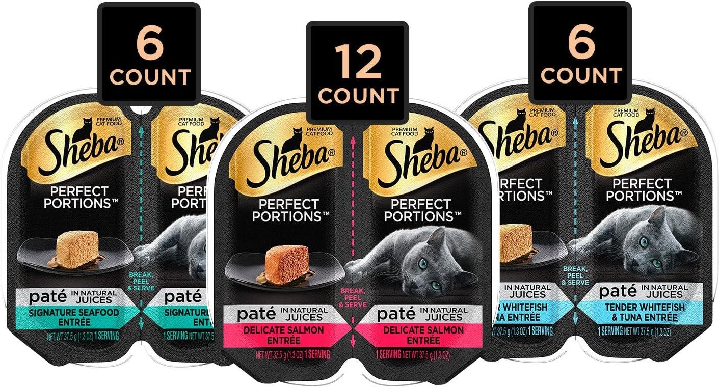 SHEBA PERFECT PORTIONS Soft Wet Cat Food Paté in Natural Juices Signature Seafood Entrée, Delicate Salmon Entrée, & Tender Whitefish & Tuna Entrée Variety Pack 2.6 Oz. (24 Twin Packs) : Pet Supplies