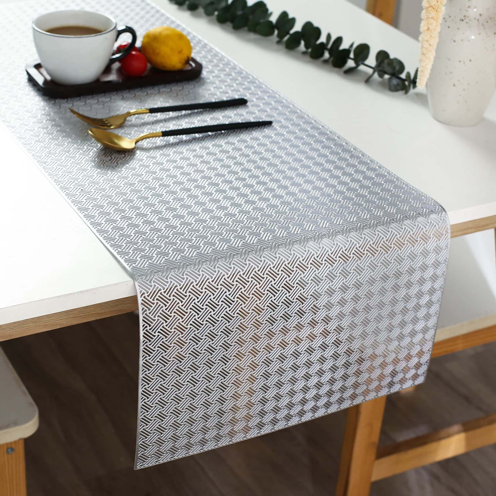 Hosoncovy Hollow Table Runner Non-slip Decorative PVC Table Mats Placemat Heat Resistant Mats for Home Party Kitchen Dining Wedding Decor (92CM X 33CM) (Silver)
