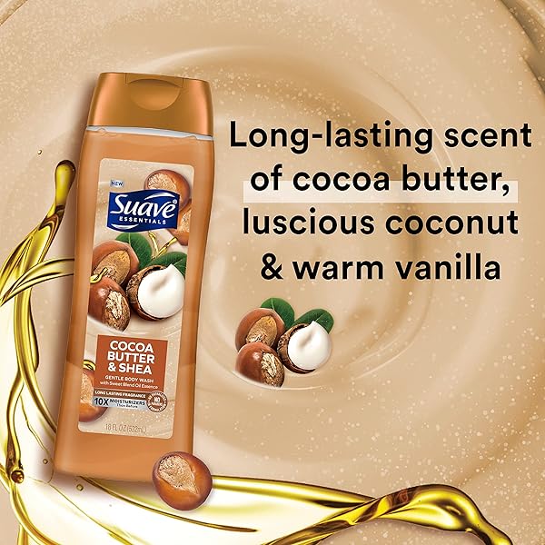 SUAVE ESSENTIALS GENTLE BODY WASH, COCOA BUTTER & SHEA WITH A SWEET OIL BLEND ESSENCE, INFUSED WITH VITAMIN E & HONEY EXTRACT 18 OZ