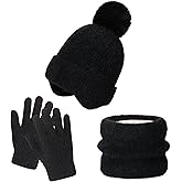 FENELY 3Pcs Kids Winter Beanie Hat Scarf Gloves Set for 4-10 Years Girls Boys Toddler Neck Warmer