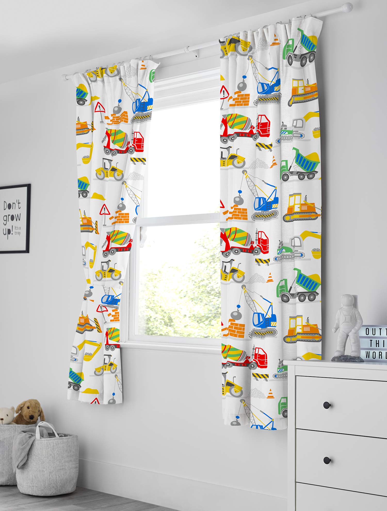 Bloomsbury Mill - Kids Curtains for Boys & Girls Bedroom - Construction Diggers - Lined Curtain Pair with Tiebacks - Nursery Curtains for Childrens Baby Room - 66X72 inch drop (168x183cm)