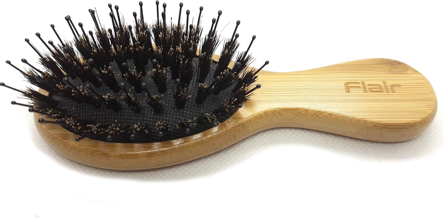 Flair Bamboo Boar Bristle Soft Nylon Mix Detangling Hair Brush (Mini), black, brown