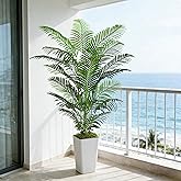 FSOHOI Artificial Palm Tree Indoor, 6FT Fake Floor Plants Large Tropical Silk Plant with White Tall Planter, Faux Areca Palm Plant Artificial Tree in Pot for Home Room Office Outdoor Patio Decor