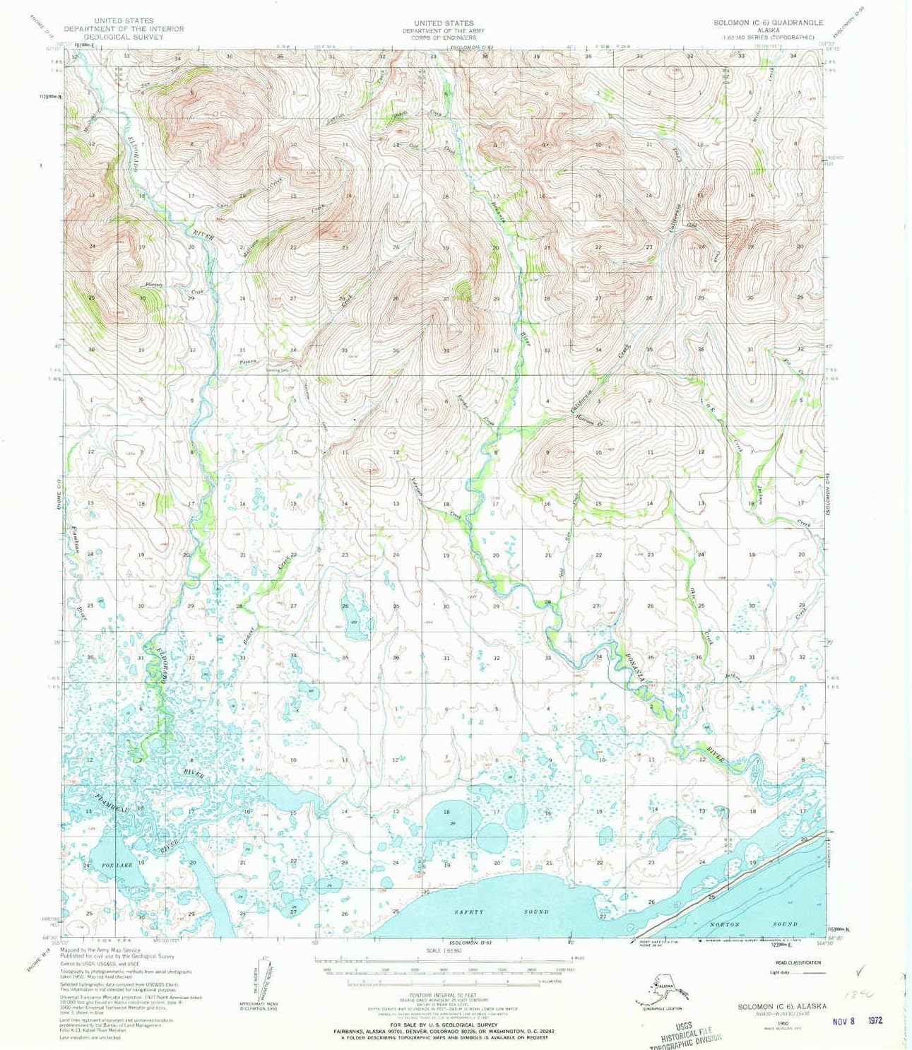 YellowMaps Solomon C 6 AK topo map, 1:63360 Scale, 15 X 15 Minute, Historical, 1950, Updated 1972, 20.7 x 18.1 in